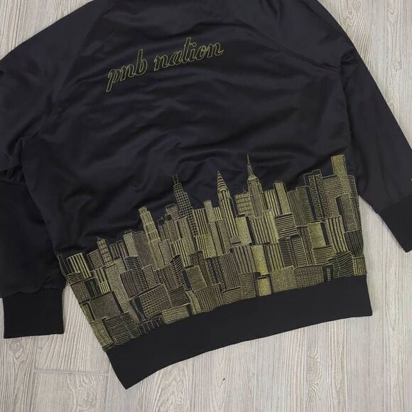 PNB Nation Black Satin Bomber Jacket Gold Thread NYC Skyline Embroidery Size 4XL - Picture 6 of 10